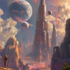 A futuristic city with tall skyscrapers stands amid rocky terrain, with planets and meteors visible in a dramatic, colourful sky; a lone figure observes the scene. Sci-fi art poster available in A1 to A4 sizes.