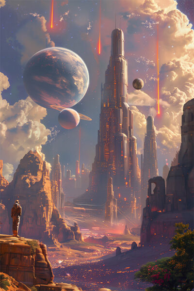 A futuristic city with tall skyscrapers stands amid rocky terrain, with planets and meteors visible in a dramatic, colourful sky; a lone figure observes the scene. Sci-fi art poster available in A1 to A4 sizes.