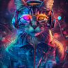 A cat wearing a leather jacket, sunglasses, and headphones, surrounded by colourful neon lights and abstract shapes. Cyberpunk cat poster available in A1 to A4 sizes.