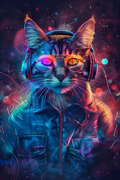 A cat wearing a leather jacket, sunglasses, and headphones, surrounded by colourful neon lights and abstract shapes. Cyberpunk cat poster available in A1 to A4 sizes.