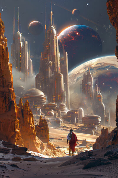 A person in a cape stands on a rocky, desert-like terrain facing a futuristic city with tall skyscrapers and domes, with multiple planets and moons visible in the sky. Sci-fi art poster available in A1 to A4 sizes.