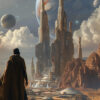A person in a cloak overlooks a futuristic city with tall towers on a rocky, reddish landscape, with large planets and stars visible in a dramatic sky. Sci-fi art poster available in A1 to A4 sizes.