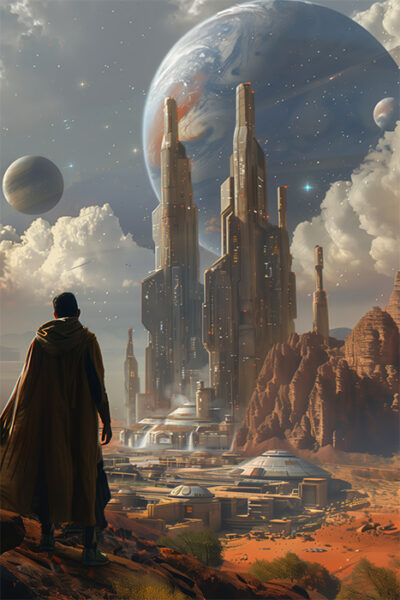 A person in a cloak overlooks a futuristic city with tall towers on a rocky, reddish landscape, with large planets and stars visible in a dramatic sky. Sci-fi art poster available in A1 to A4 sizes.