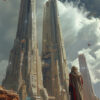 A person in a cloak stands on a rocky terrain facing three towering futuristic skyscrapers, with planets and clouds visible in the sky above. Sci-fi art poster available in A1 to A4 sizes.