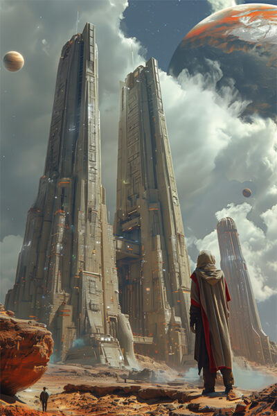 A person in a cloak stands on a rocky terrain facing three towering futuristic skyscrapers, with planets and clouds visible in the sky above. Sci-fi art poster available in A1 to A4 sizes.