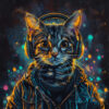 A cat wearing headphones and a jacket is depicted against a colourful, abstract background with glowing dots. Cyberpunk cat poster available in A1 to A4 sizes.