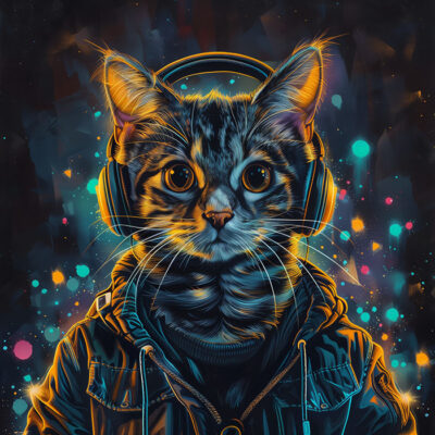 A cat wearing headphones and a jacket is depicted against a colourful, abstract background with glowing dots. Cyberpunk cat poster available in A1 to A4 sizes.