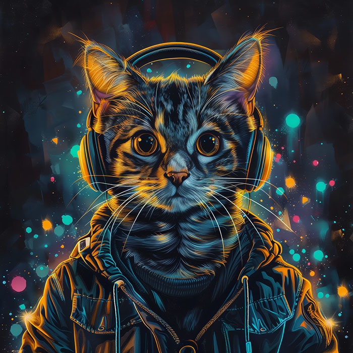product-image A cat wearing headphones and a jacket is depicted against a colourful, abstract background with glowing dots. Cyberpunk cat poster available in A1 to A4 sizes.