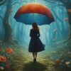 Fantasy art poster print. A woman with a red and blue umbrella walks through a magical, flower-filled forest under a glowing sky. Available in A1 to A4 sizes.