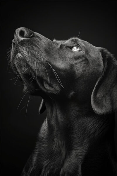 Black and white photo of a dog with short fur looking upward, highlighting the texture of its fur and the details of its face against a dark background. Dog print available in A1 to A4 sizes.