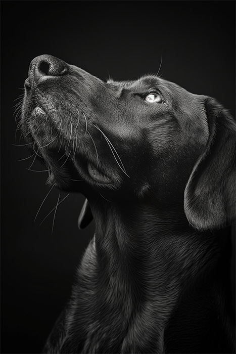 product-image-2-3 Black and white photo of a dog with short fur looking upward, highlighting the texture of its fur and the details of its face against a dark background. Dog print available in A1 to A4 sizes.