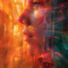 A close-up side profile of a human face is overlaid with vibrant, abstract digital patterns in orange, red, and teal hues, creating a futuristic, technological effect. Futuristic art poster available in A1 to A4 sizes.