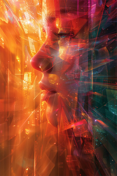 A close-up side profile of a human face is overlaid with vibrant, abstract digital patterns in orange, red, and teal hues, creating a futuristic, technological effect. Futuristic art poster available in A1 to A4 sizes.