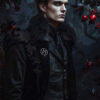 product-image-2-3 A male vampire with styled dark hair wears an ornate, black, fur-collared coat, standing in front of a dark, leafy background with red berries. Fantasy art poster available in A1 to A4 sizes.