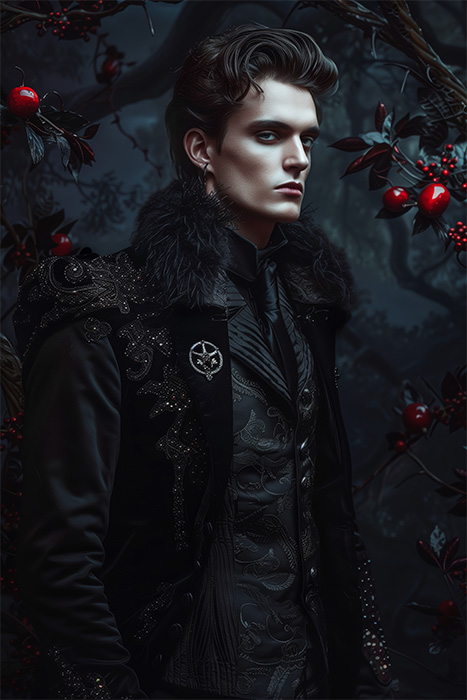 product-image-2-3 A male vampire with styled dark hair wears an ornate, black, fur-collared coat, standing in front of a dark, leafy background with red berries. Fantasy art poster available in A1 to A4 sizes.