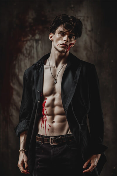 A male vampire with tousled hair wearing an open black shirt stands against a dark background, with fake blood on his mouth and torso, suggesting a vampire or dramatic injury theme. Fantasy art poster available in A1 to A4 sizes.
