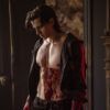 A male vampire stands indoors with his shirt open, his bare chest and hands covered in what appears to be blood, looking down with a somber expression. Fantasy art poster available in A1 to A4 sizes.