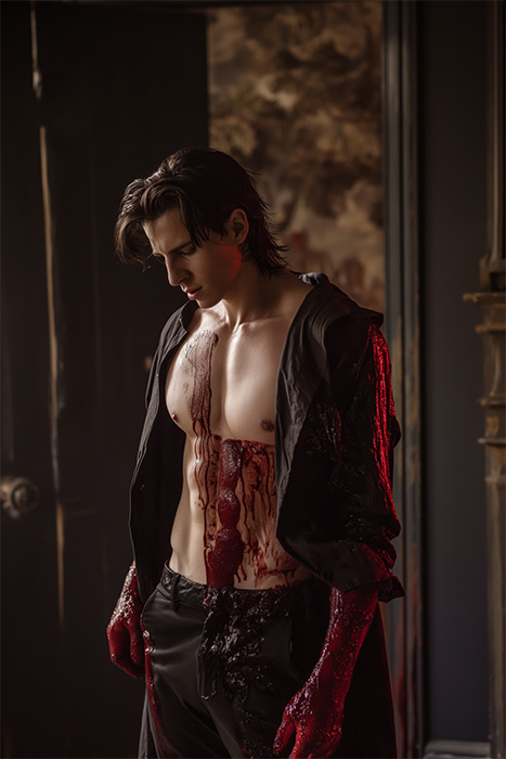 product-image-2-3 A male vampire stands indoors with his shirt open, his bare chest and hands covered in what appears to be blood, looking down with a somber expression. Fantasy art poster available in A1 to A4 sizes.