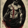 A shirtless, tattooed man stands with blood splattered across his torso, framed by an ornate border with bat motifs in a gothic, sepia-toned style—perfect for a Vampire-themed poster design. Fantasy art poster available in A1 to A4 sizes.