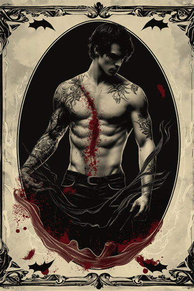 A shirtless, tattooed man stands with blood splattered across his torso, framed by an ornate border with bat motifs in a gothic, sepia-toned style—perfect for a Vampire-themed poster design. Fantasy art poster available in A1 to A4 sizes.