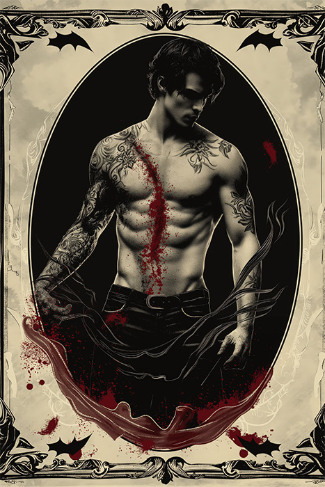 product-image-2-3 A shirtless, tattooed man stands with blood splattered across his torso, framed by an ornate border with bat motifs in a gothic, sepia-toned style—perfect for a Vampire-themed poster design. Fantasy art poster available in A1 to A4 sizes.
