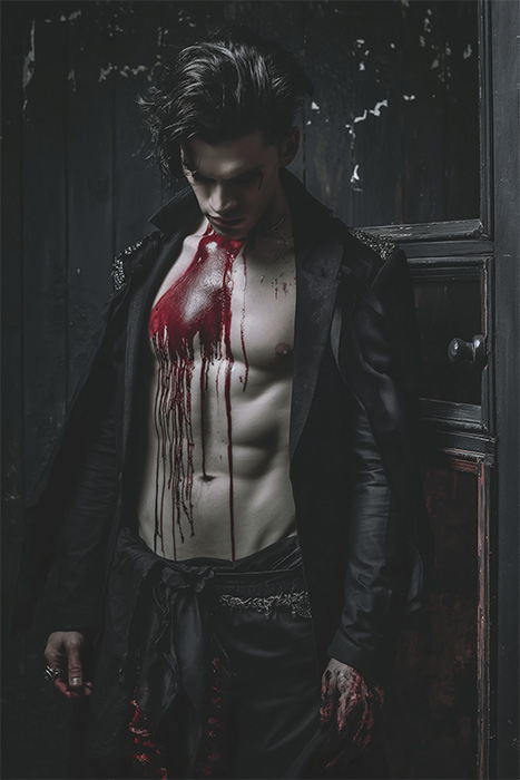 product-image-2-3 A male vampire with pale skin and dark hair stands indoors, shirtless under a long black coat, with blood covering his chest and abdomen. The lighting is dark and moody. Fantasy art poster available in A1 to A4 sizes.
