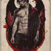 A shirtless young man with dark angel wings stands against a stained, parchment-like background, splashes of red resembling blood and gothic decorative elements—perfect for a striking Vampire Poster. Fantasy art poster available in A1 to A4 sizes.