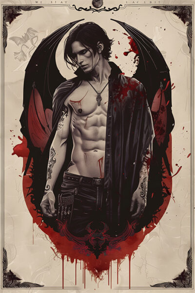A shirtless young man with dark angel wings stands against a stained, parchment-like background, splashes of red resembling blood and gothic decorative elements—perfect for a striking Vampire Poster. Fantasy art poster available in A1 to A4 sizes.