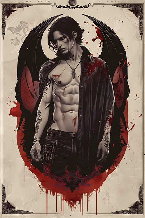 product-image-2-3 A shirtless young man with dark angel wings stands against a stained, parchment-like background, splashes of red resembling blood and gothic decorative elements—perfect for a striking Vampire Poster. Fantasy art poster available in A1 to A4 sizes.