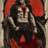 A muscular man with a cape stands with blood on his chest and hands, set against a bold red circular background with dark decorative borders—perfect for a striking vampire poster design. Fantasy art poster available in A1 to A4 sizes.