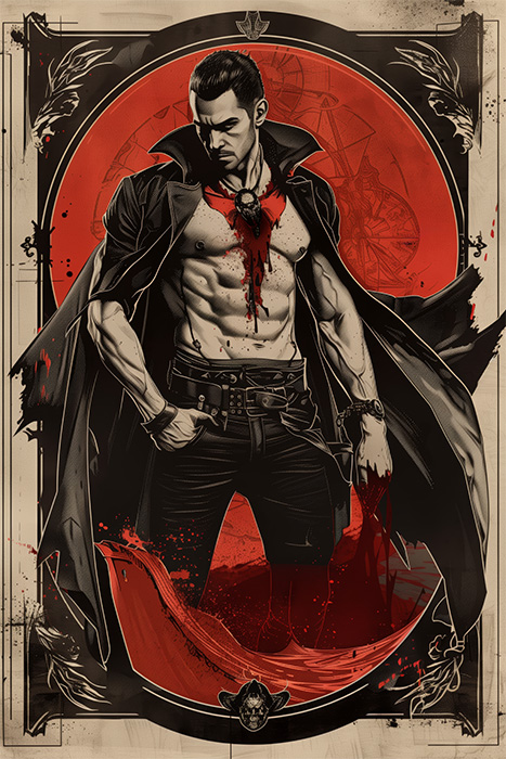 A muscular man with a cape stands with blood on his chest and hands, set against a bold red circular background with dark decorative borders—perfect for a striking vampire poster design. Fantasy art poster available in A1 to A4 sizes.