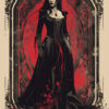 A woman in a long black gothic dress stands before a red ornate background with black decorative frames and floral patterns, perfect for a captivating Vampire Poster design. Fantasy art poster available in A1 to A4 sizes.