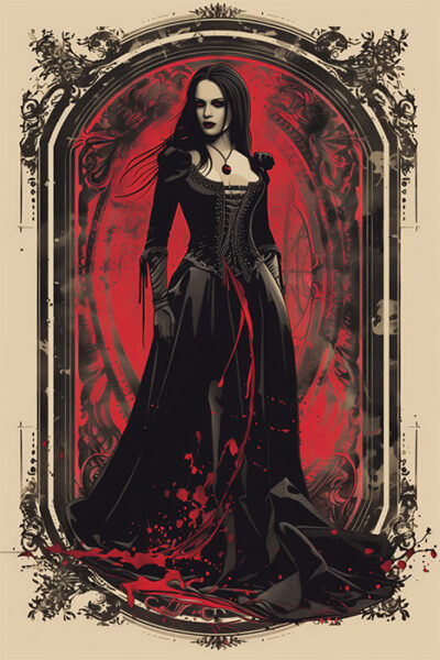 A woman in a long black gothic dress stands before a red ornate background with black decorative frames and floral patterns, perfect for a captivating Vampire Poster design. Fantasy art poster available in A1 to A4 sizes.