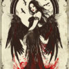A dark-winged woman in a black dress stands with blood-like splatters at her feet, surrounded by flying bats and ornate, vintage-style borders—a striking vampire poster design. Fantasy art poster available in A1 to A4 sizes.