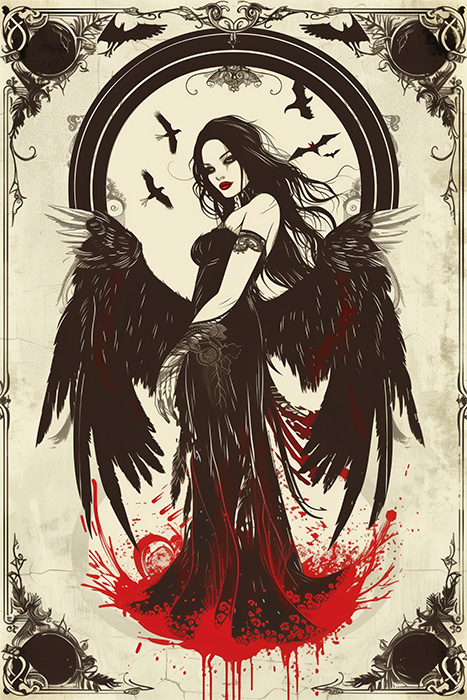 product-image-2-3 A dark-winged woman in a black dress stands with blood-like splatters at her feet, surrounded by flying bats and ornate, vintage-style borders—a striking vampire poster design. Fantasy art poster available in A1 to A4 sizes.
