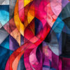 Abstract artwork featuring intersecting curved and geometric shapes in vibrant colours, including red, orange, yellow, purple, blue, and grey tones. Abstract art poster available in A1 to A4 sizes.