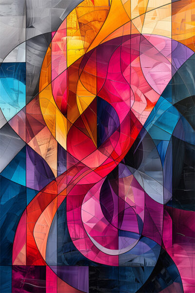 Abstract artwork featuring intersecting curved and geometric shapes in vibrant colours, including red, orange, yellow, purple, blue, and grey tones. Abstract art poster available in A1 to A4 sizes.