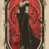 A woman in a dark, elegant gown stands in an ornate frame with gothic patterns and red splatters, set against a decorative, blood-red background—perfect as a striking Vampire Poster or dramatic poster design. Fantasy art poster available in A1 to A4 sizes.
