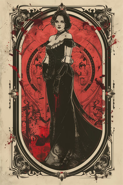 A woman in a dark, elegant gown stands in an ornate frame with gothic patterns and red splatters, set against a decorative, blood-red background—perfect as a striking Vampire Poster or dramatic poster design. Fantasy art poster available in A1 to A4 sizes.