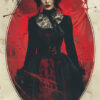 A woman in a black Victorian-style dress stands against a red, blood-splattered background, framed by an oval border—perfect for a striking vampire poster or gothic poster design. Fantasy art poster available in A1 to A4 sizes.
