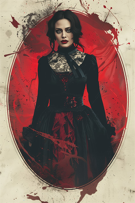 A woman in a black Victorian-style dress stands against a red, blood-splattered background, framed by an oval border—perfect for a striking vampire poster or gothic poster design. Fantasy art poster available in A1 to A4 sizes.