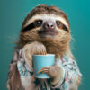 A sloth wearing a floral shirt holds a blue cup against a teal background, eagerly eyeing the text Is It Friday Yet? above—capturing that classic Friday countdown mood. Funny poster available in A1 to A4 sizes.