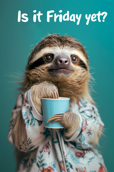 A sloth wearing a floral shirt holds a blue cup against a teal background, eagerly eyeing the text Is It Friday Yet? above—capturing that classic Friday countdown mood. Funny poster available in A1 to A4 sizes.