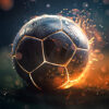 A close-up of a wet soccer ball on grass, illuminated with glowing orange streaks and surrounded by water droplets and sparks. Sports poster available in A1 to A4 sizes.
