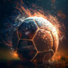 A close-up of a wet soccer ball with water droplets and glowing fiery light effects, set against a dark, blurred background. Sports poster available in A1 to A4 sizes.