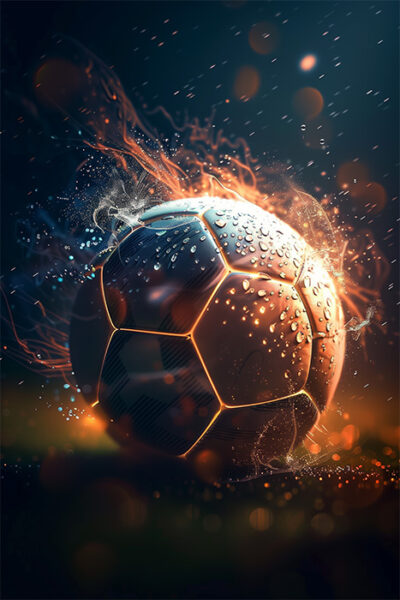 A close-up of a wet soccer ball with water droplets and glowing fiery light effects, set against a dark, blurred background. Sports poster available in A1 to A4 sizes.