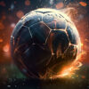 A soccer ball with cracks and glowing orange light effects, surrounded by sparks and bokeh, sits on a dark surface. Sports poster available in A1 to A4 sizes.