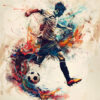 A dynamic digital artwork of a soccer player kicking a ball, surrounded by colourful abstract swirls, with the text LIVE THE GAME LOVE THE GAME above and below. Sports poster available in A1 to A4 sizes.