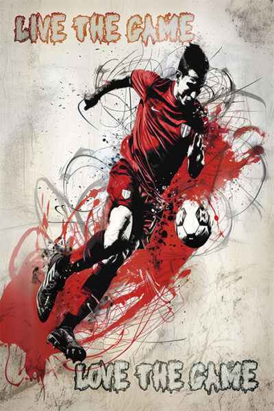 A male soccer player in a red uniform kicks a soccer ball, surrounded by dynamic abstract lines, with the text LIVE THE GAME and LOVE THE GAME. Sports poster available in A1 to A4 sizes.