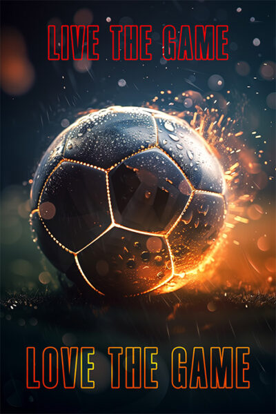A wet soccer ball with glowing seams sits on grass with sparks and droplets around it. Text reads: LIVE THE GAME above and LOVE THE GAME below. Sports poster available in A1 to A4 sizes.